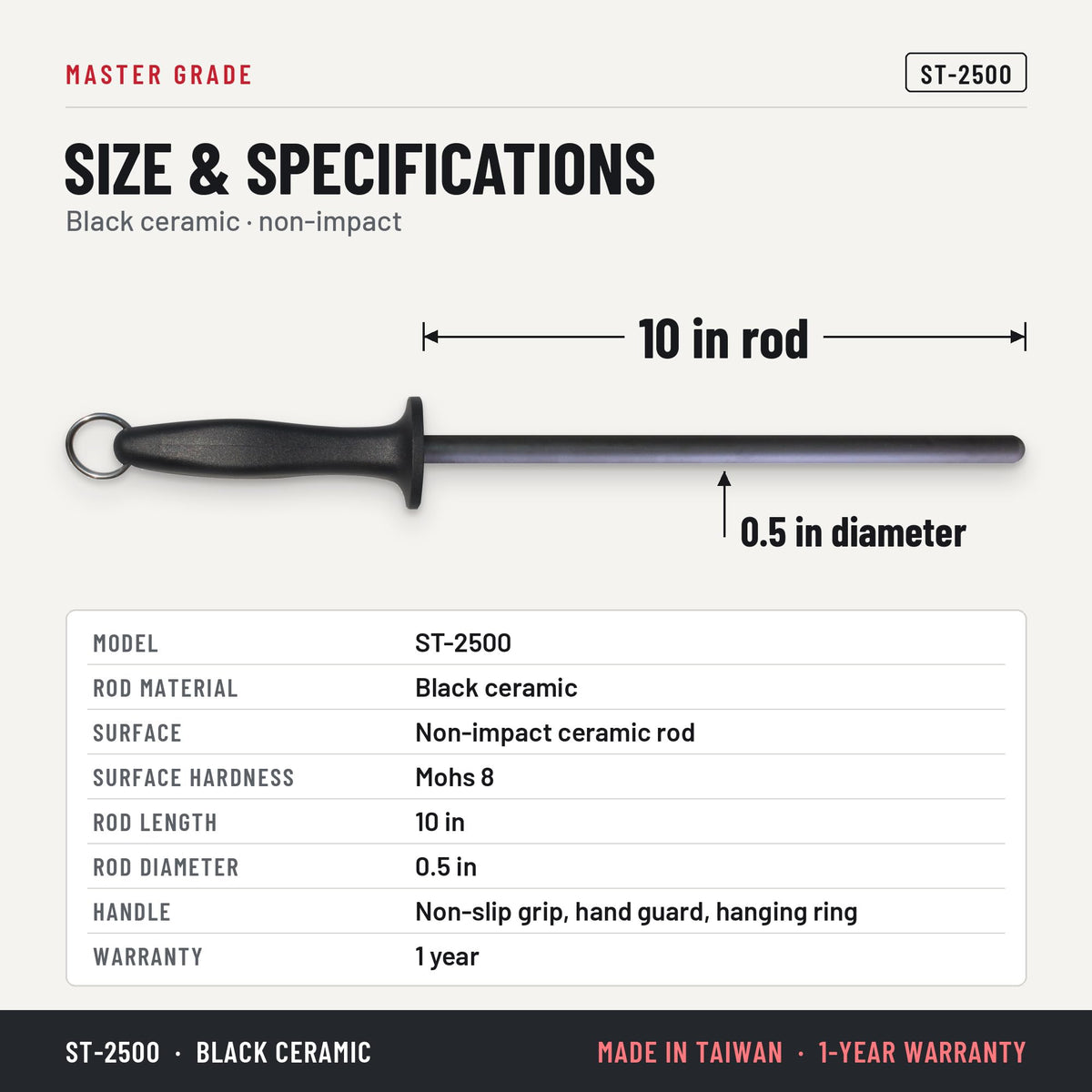 Master Grade ST-2500 10 in black ceramic honing rod, size and specifications