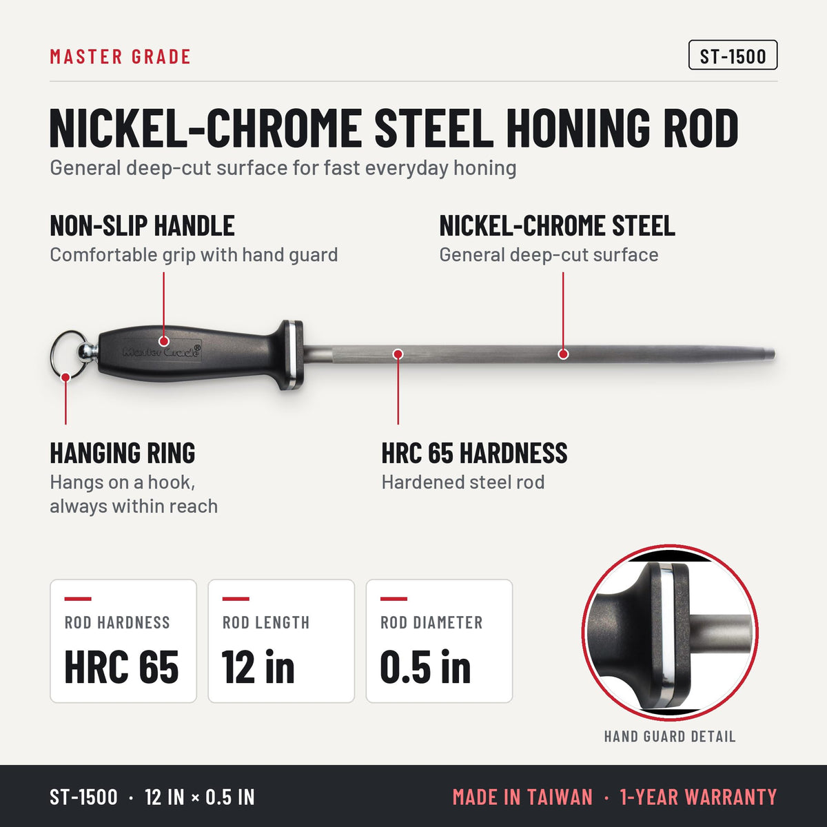 Master Grade ST-1500 12 in nickel-chrome honing steel, features and specifications