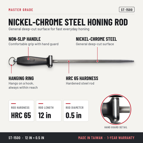 Master Grade ST-1500 12 in nickel-chrome honing steel, features and specifications