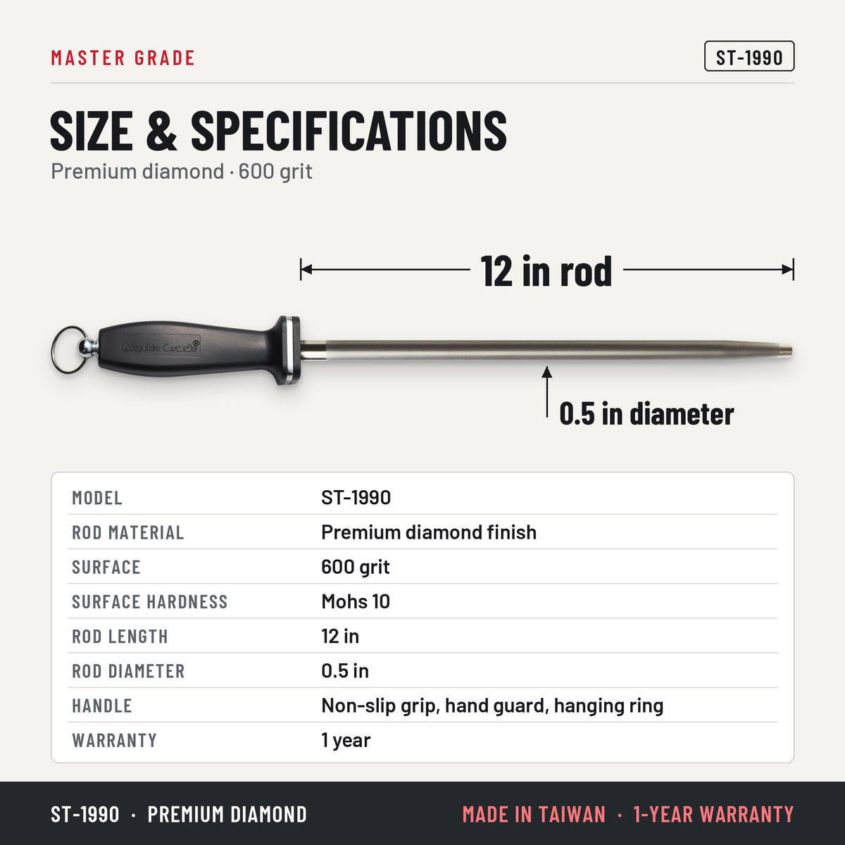 Master Grade ST-1990 12 in diamond honing rod, size and specifications