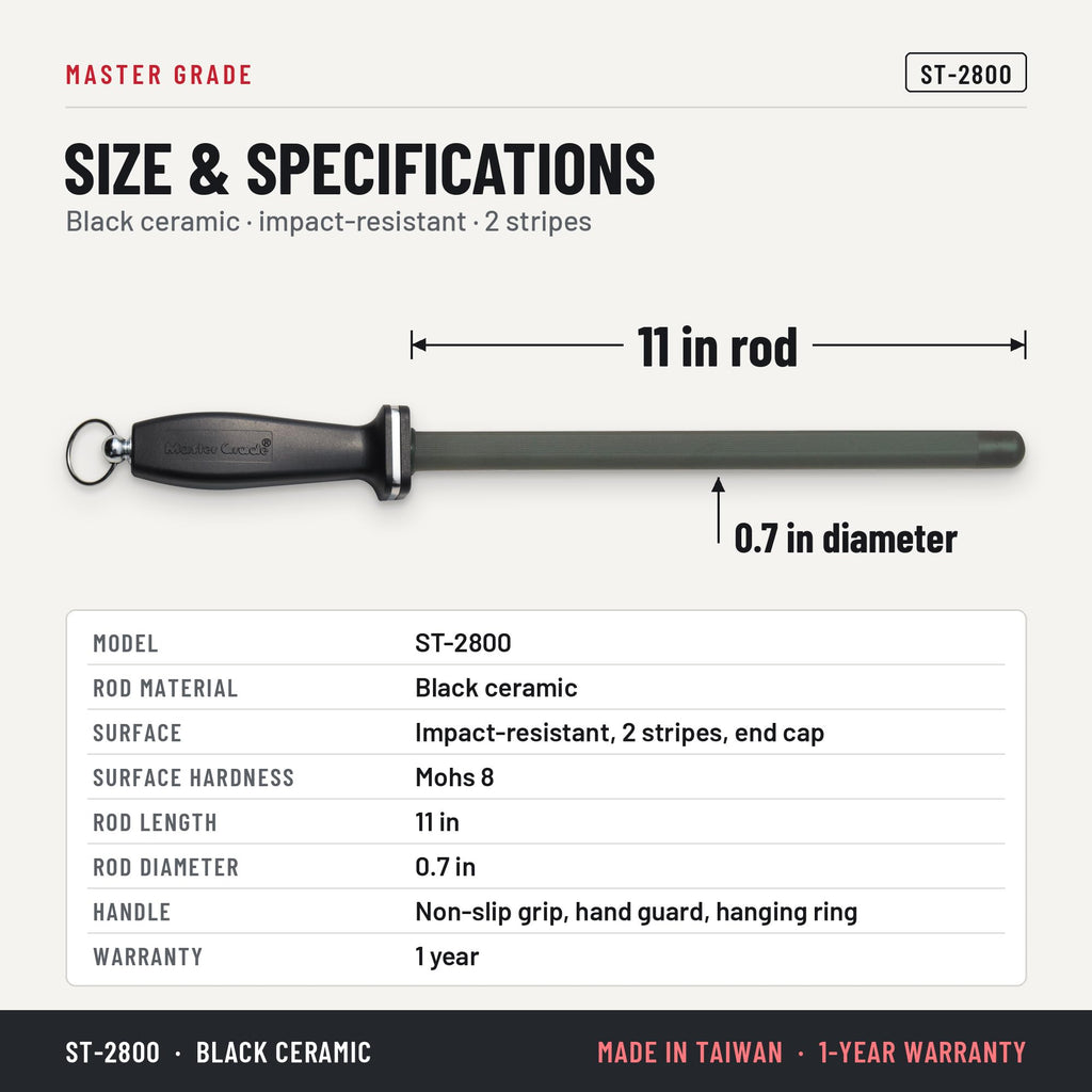 Master Grade ST-2800 11 in black ceramic honing rod with 2 stripes, size and specifications