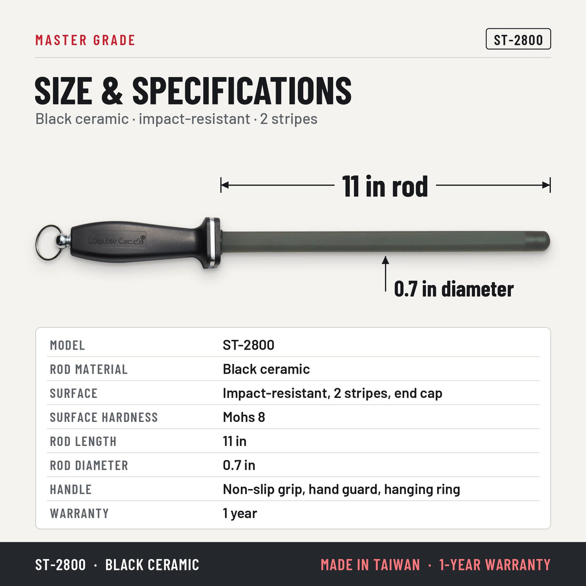 Master Grade ST-2800 11 in black ceramic honing rod with 2 stripes, size and specifications