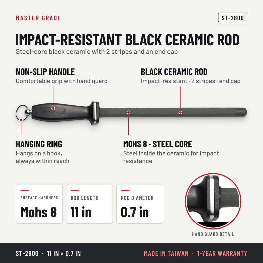 Master Grade ST-2800 11 in black ceramic honing rod with 2 stripes, features and specifications