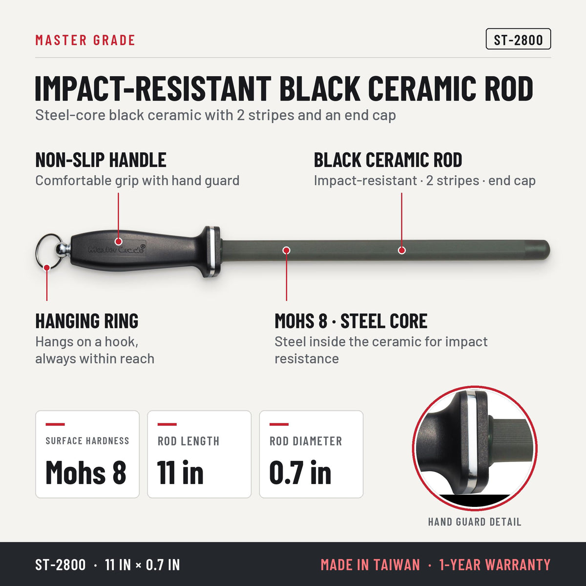 Master Grade ST-2800 11 in black ceramic honing rod with 2 stripes, features and specifications