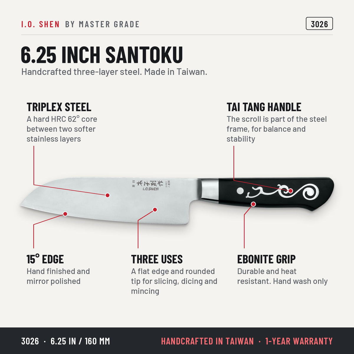 I.O. Shen 6.25 in santoku knife 3026, features and details