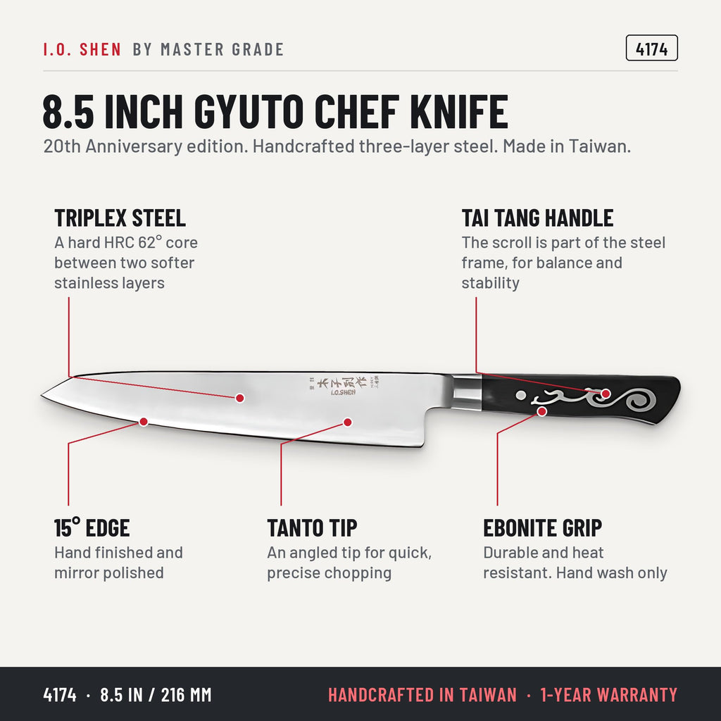 I.O. Shen 8 in Gyuto chef knife 20th anniversary gift set 4174, features and details