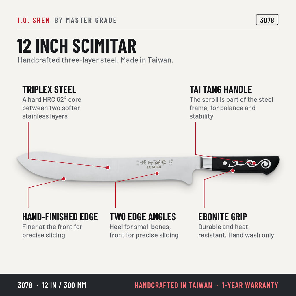 I.O. Shen 12 in scimitar knife 3078, features and details