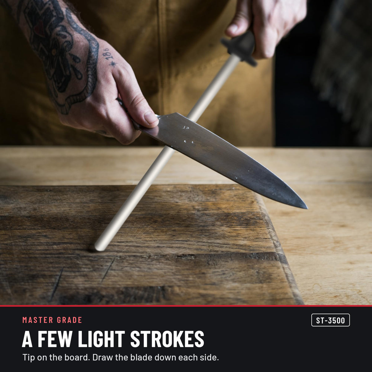 Master Grade ST-3500 10 in white ceramic honing rod, honing a knife with a few light strokes