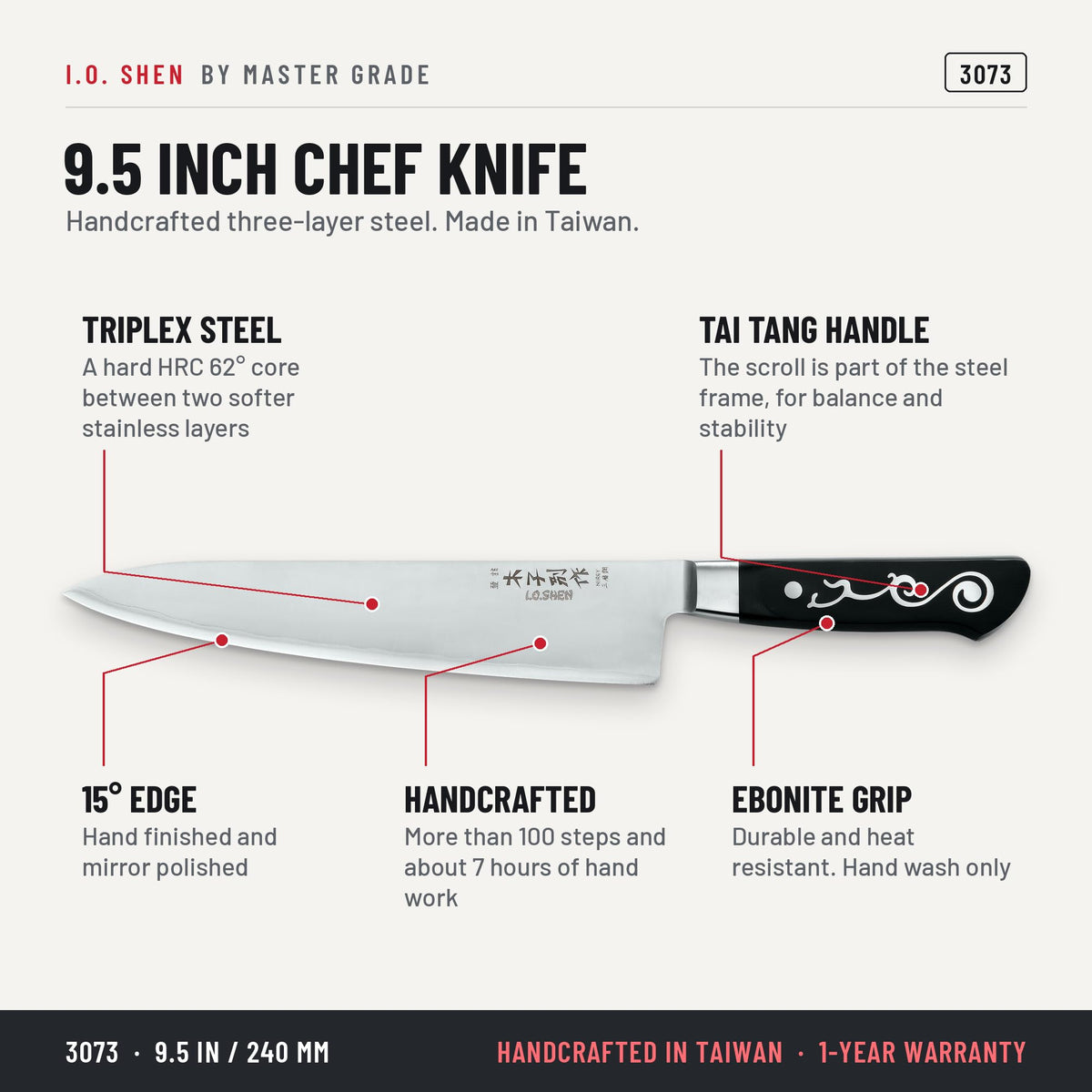 I.O. Shen 9.5 in chef knife 3073, features and details