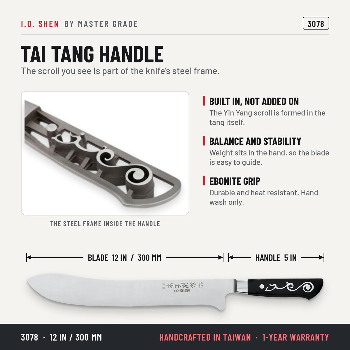 I.O. Shen 12 in scimitar knife 3078, features and details