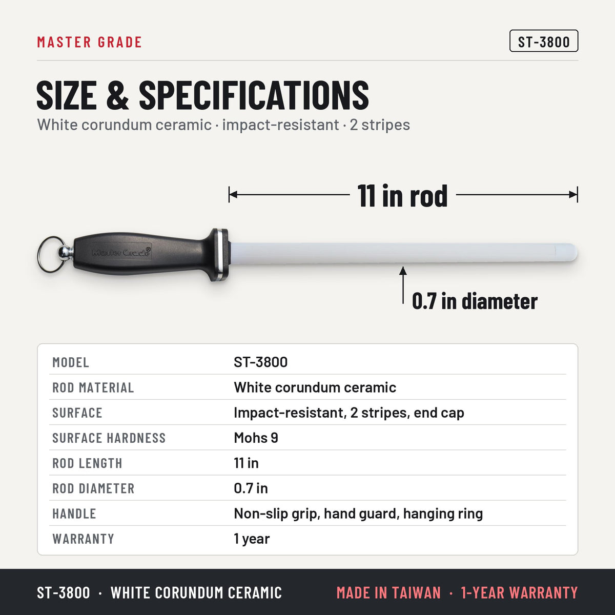 Master Grade ST-3800 11 in white ceramic honing rod with 2 stripes, size and specifications
