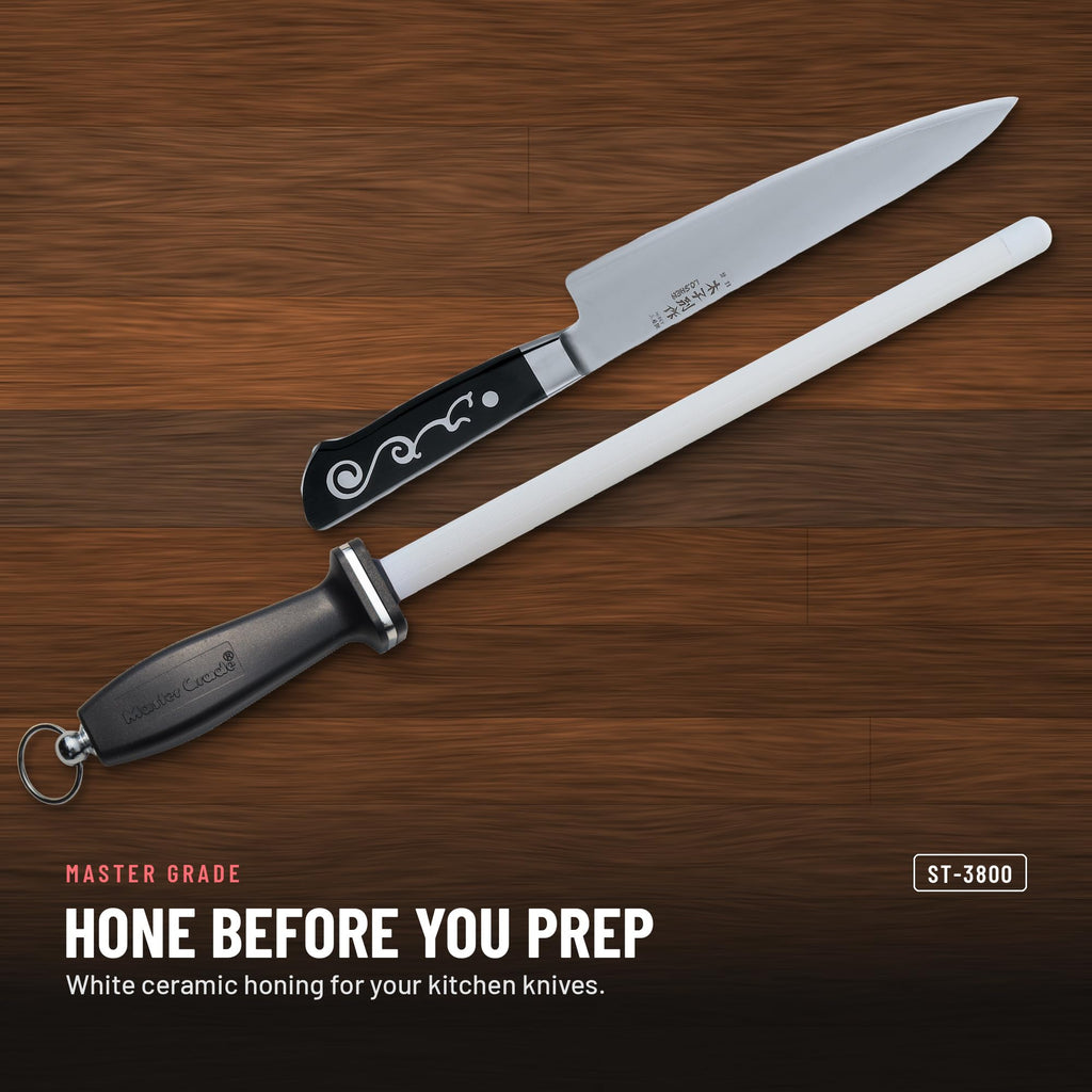 Master Grade ST-3800 11 in white ceramic honing rod with 2 stripes, honing a chef knife before prep