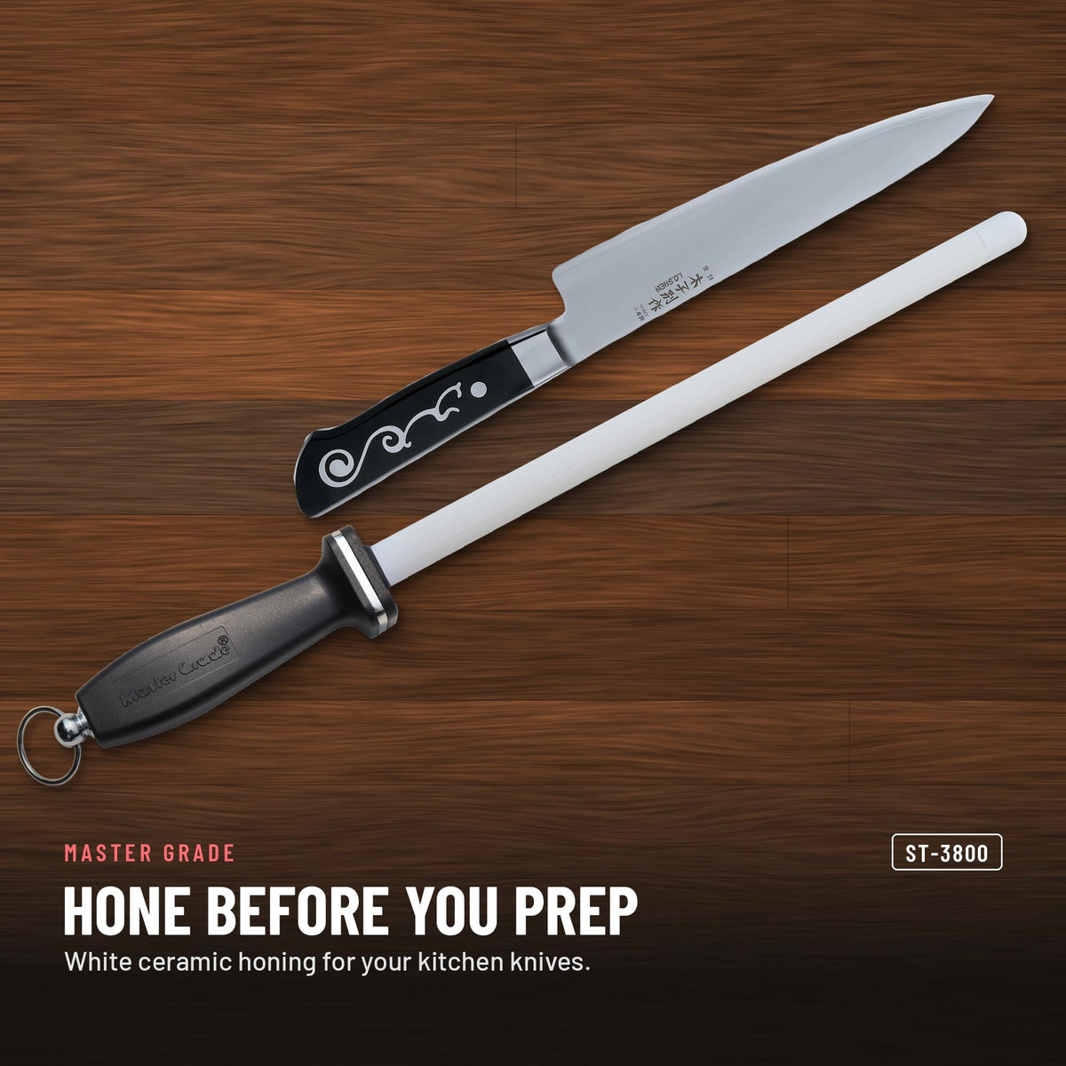 Master Grade ST-3800 11 in white ceramic honing rod with 2 stripes, honing a chef knife before prep
