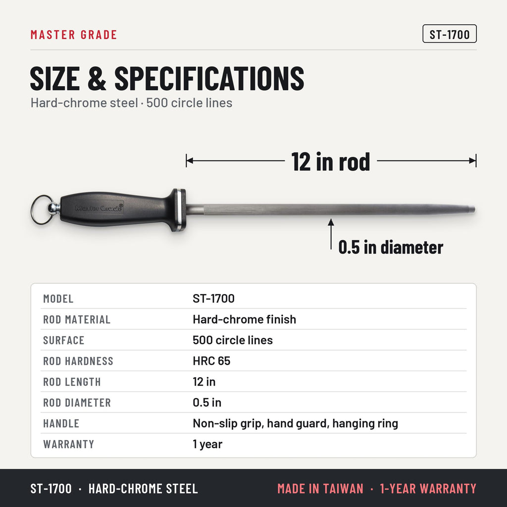 Master Grade ST-1700 12 in hard-chrome honing steel, 500 lines, size and specifications