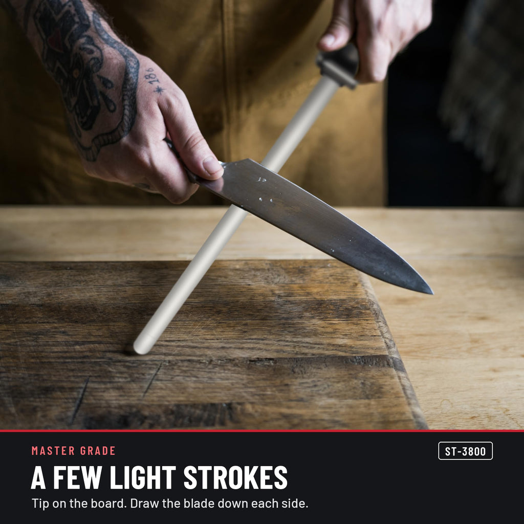 Master Grade ST-3800 11 in white ceramic honing rod with 2 stripes, honing a knife with a few light strokes