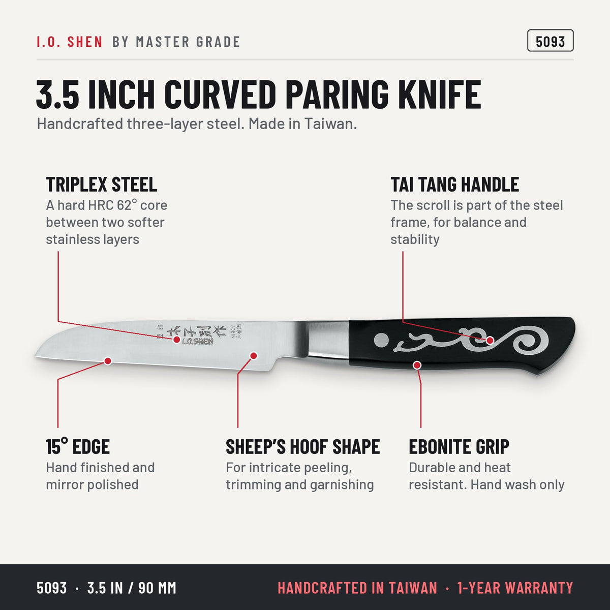 I.O. Shen 3.5 in curved paring knife 5093, features and details