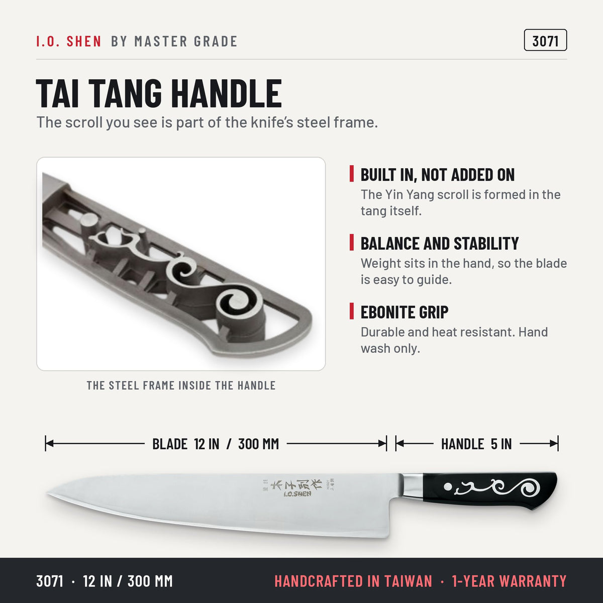 I.O. Shen 12 in Excalibur chef knife 3071, features and details