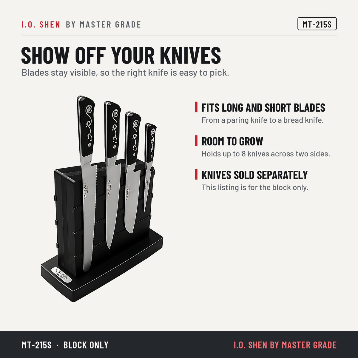I.O. Shen wooden magnetic knife block MT-215S, features and details