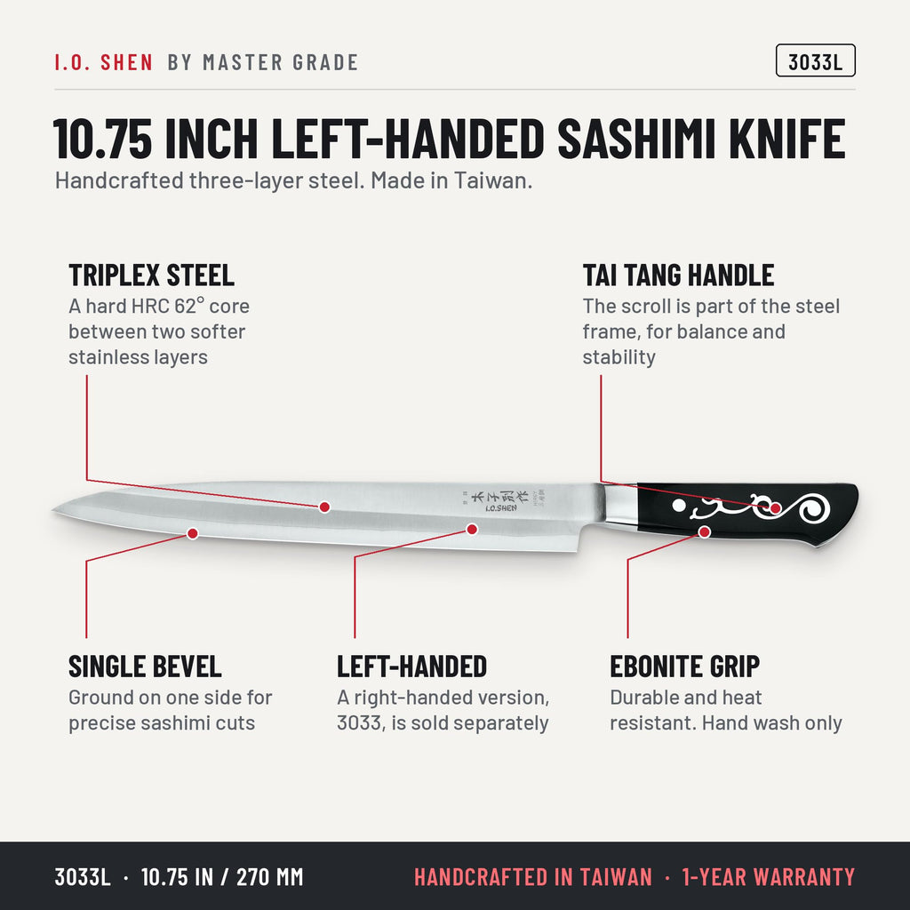 I.O. Shen 10.75 in left-handed sashimi knife 3033L, features and details