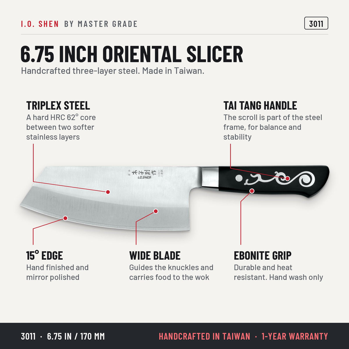 I.O. Shen 6.75 in oriental slicing knife 3011, features and details