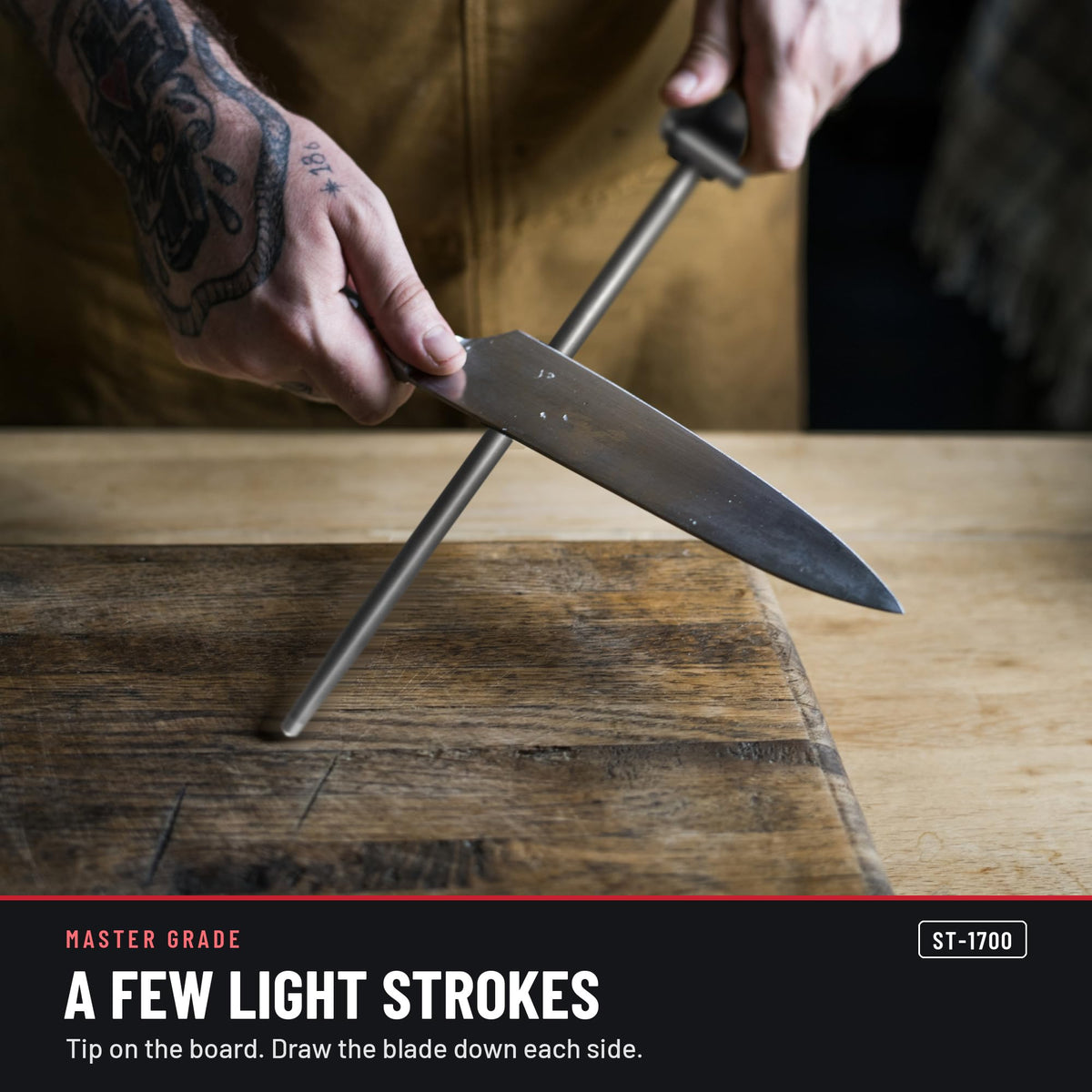 Master Grade ST-1700 12 in hard-chrome honing steel, 500 lines, honing a knife with a few light strokes