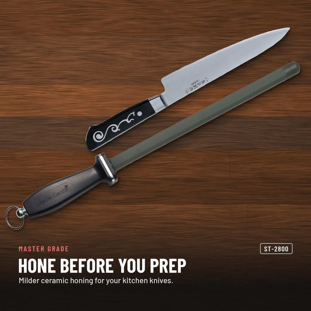 Master Grade ST-2800 11 in black ceramic honing rod with 2 stripes, honing a chef knife before prep