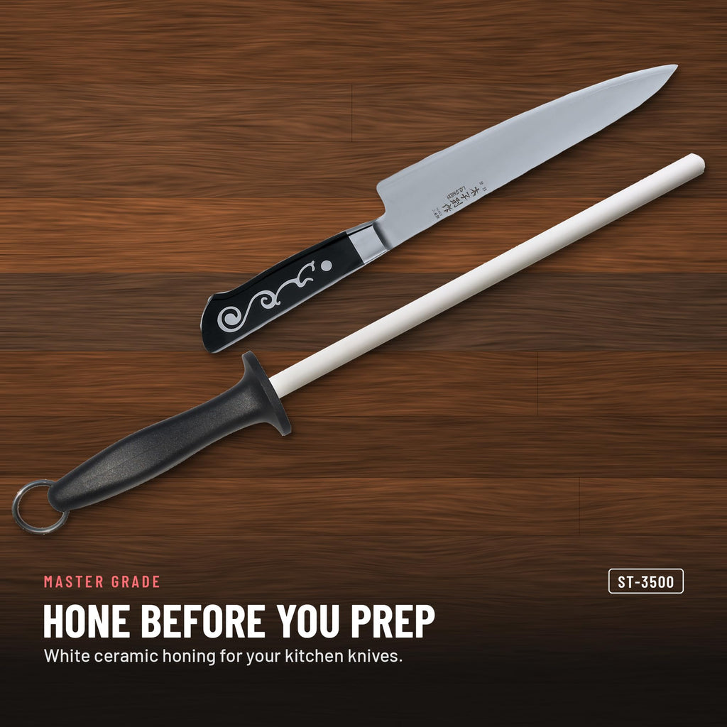 Master Grade ST-3500 10 in white ceramic honing rod, honing a chef knife before prep