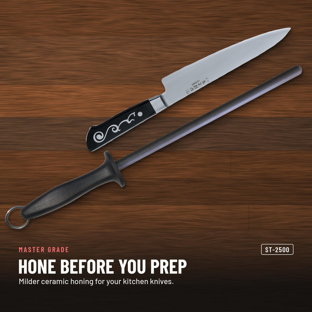 Master Grade ST-2500 10 in black ceramic honing rod, honing a chef knife before prep