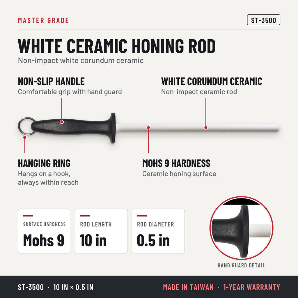 Master Grade ST-3500 10 in white ceramic honing rod, features and specifications