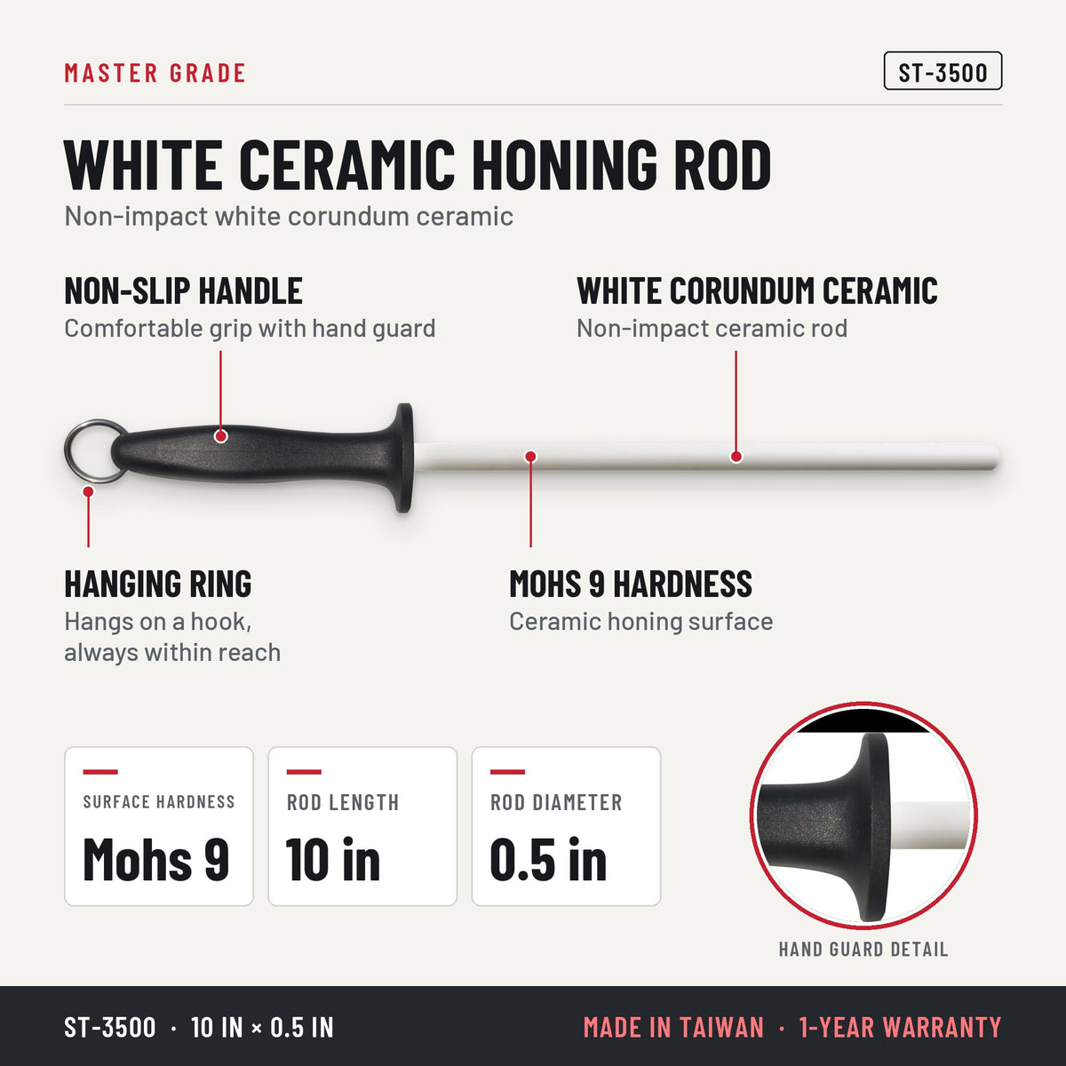 Master Grade ST-3500 10 in white ceramic honing rod, features and specifications