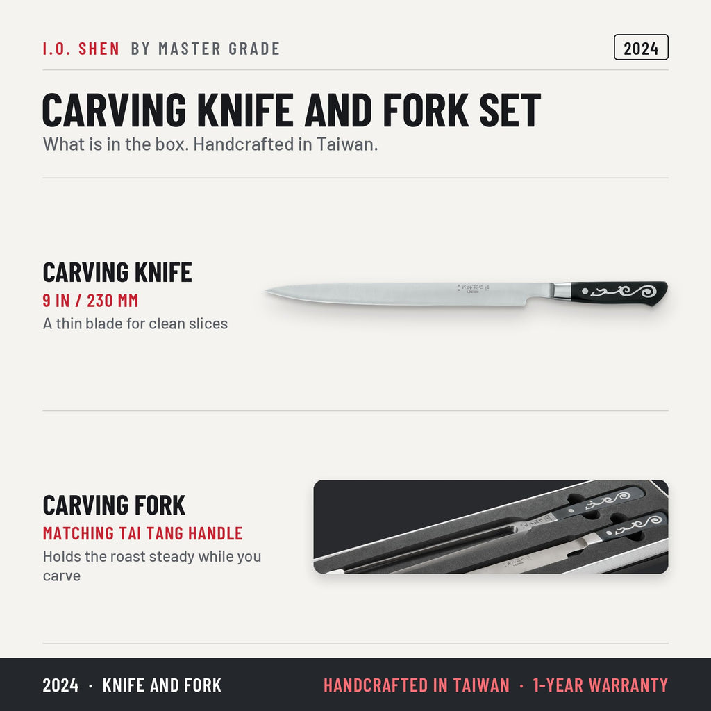 I.O. Shen carving knife and fork set 2024, features and details