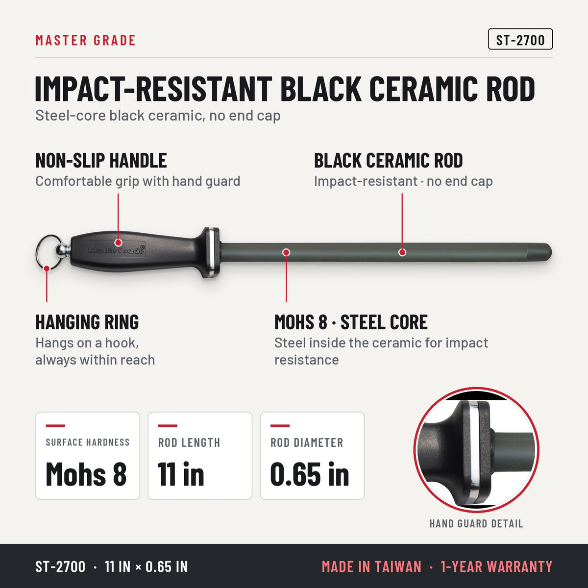 Master Grade ST-2700 11 in black ceramic honing rod, features and specifications