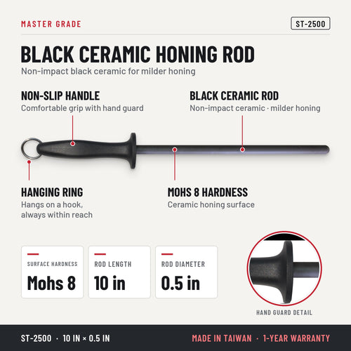Master Grade ST-2500 10 in black ceramic honing rod, features and specifications