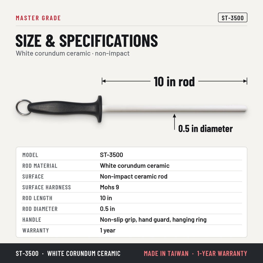Master Grade ST-3500 10 in white ceramic honing rod, size and specifications