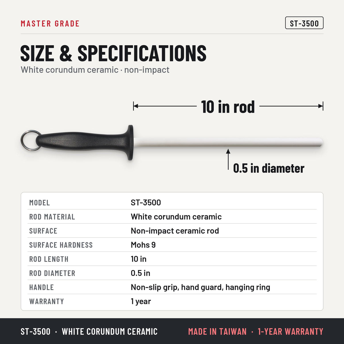 Master Grade ST-3500 10 in white ceramic honing rod, size and specifications