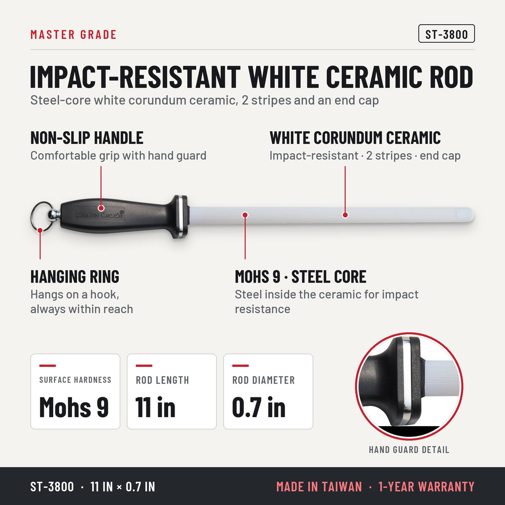 Master Grade ST-3800 11 in white ceramic honing rod with 2 stripes, features and specifications