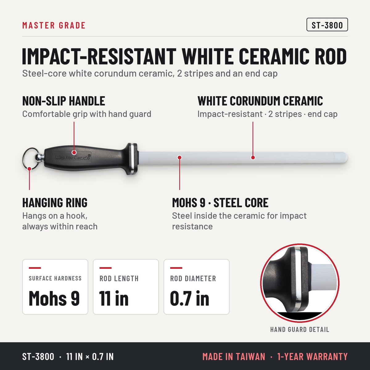 Master Grade ST-3800 11 in white ceramic honing rod with 2 stripes, features and specifications