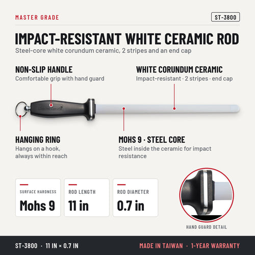 Master Grade ST-3800 11 in white ceramic honing rod with 2 stripes, features and specifications