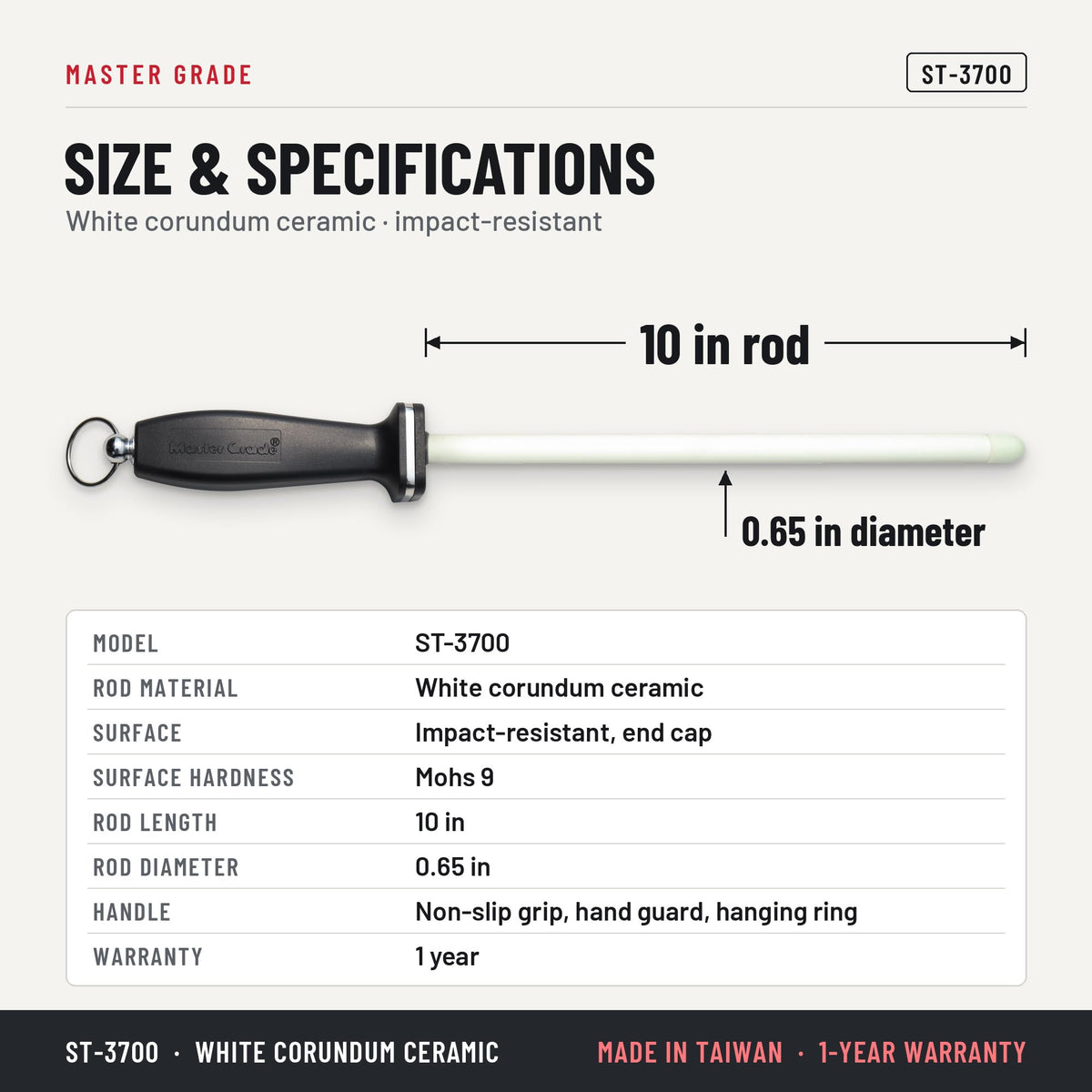 Master Grade ST-3700 11 in white ceramic honing rod, size and specifications