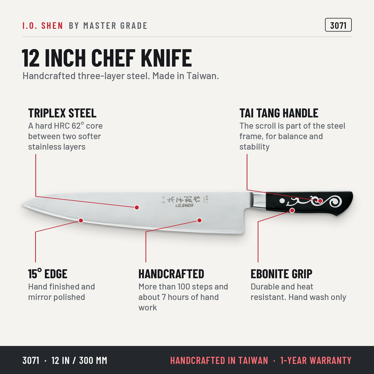 I.O. Shen 12 in Excalibur chef knife 3071, features and details