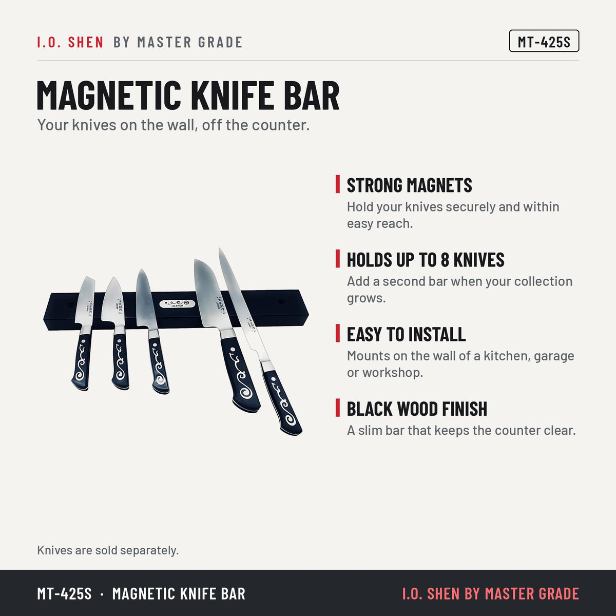 I.O. Shen black magnetic knife bar MT-425S, features and details