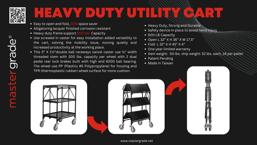 Collapsible 3-Tier Utility Cart, 550 lb Heavy-Duty Folding Rolling Cart – Folding Master BC-3000
