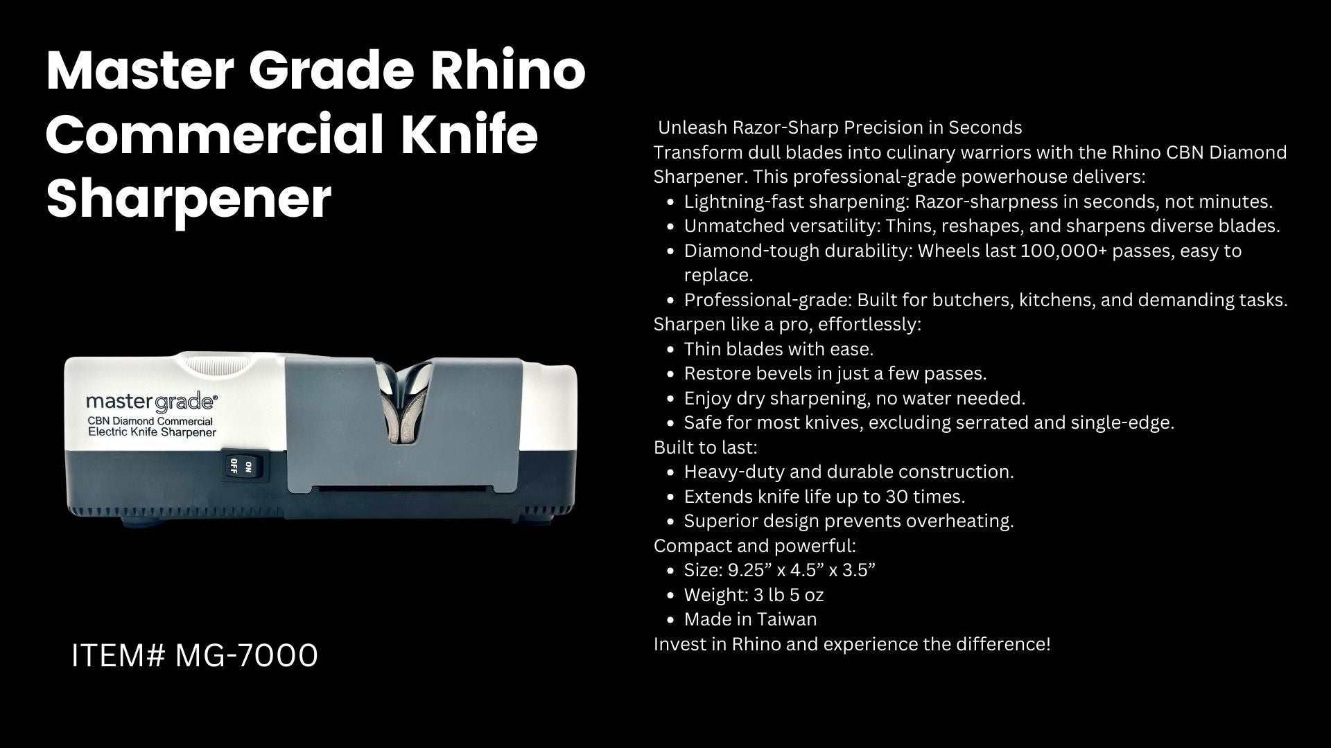 Rhino Commercial Electric Knife Sharpener – CBN Diamond Wheels for Butchers & Commercial Kitchens | MG-7000