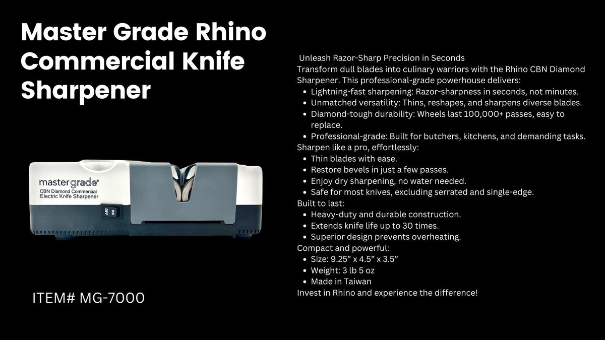 Rhino Commercial Electric Knife Sharpener – CBN Diamond Wheels for Butchers & Commercial Kitchens | MG-7000