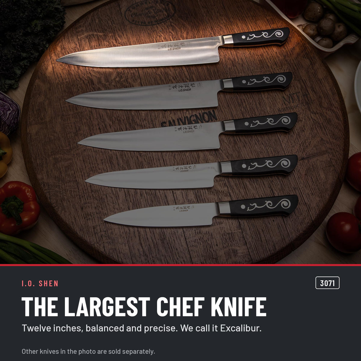 I.O. Shen 12 in Excalibur chef knife 3071 in the kitchen