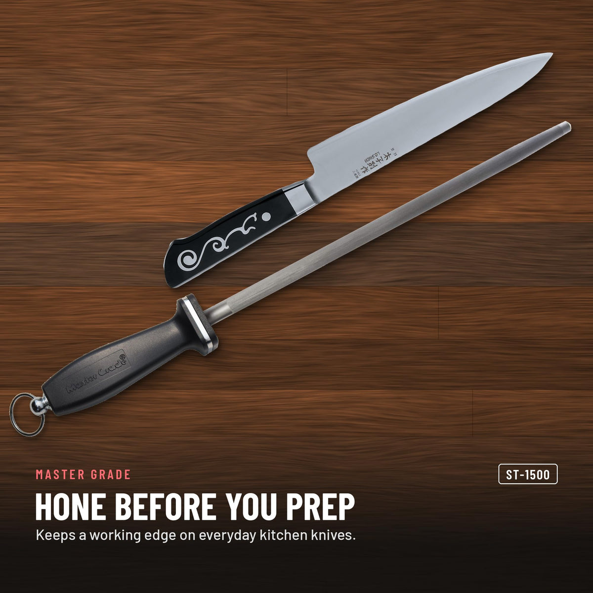 Master Grade ST-1500 12 in nickel-chrome honing steel, honing a chef knife before prep