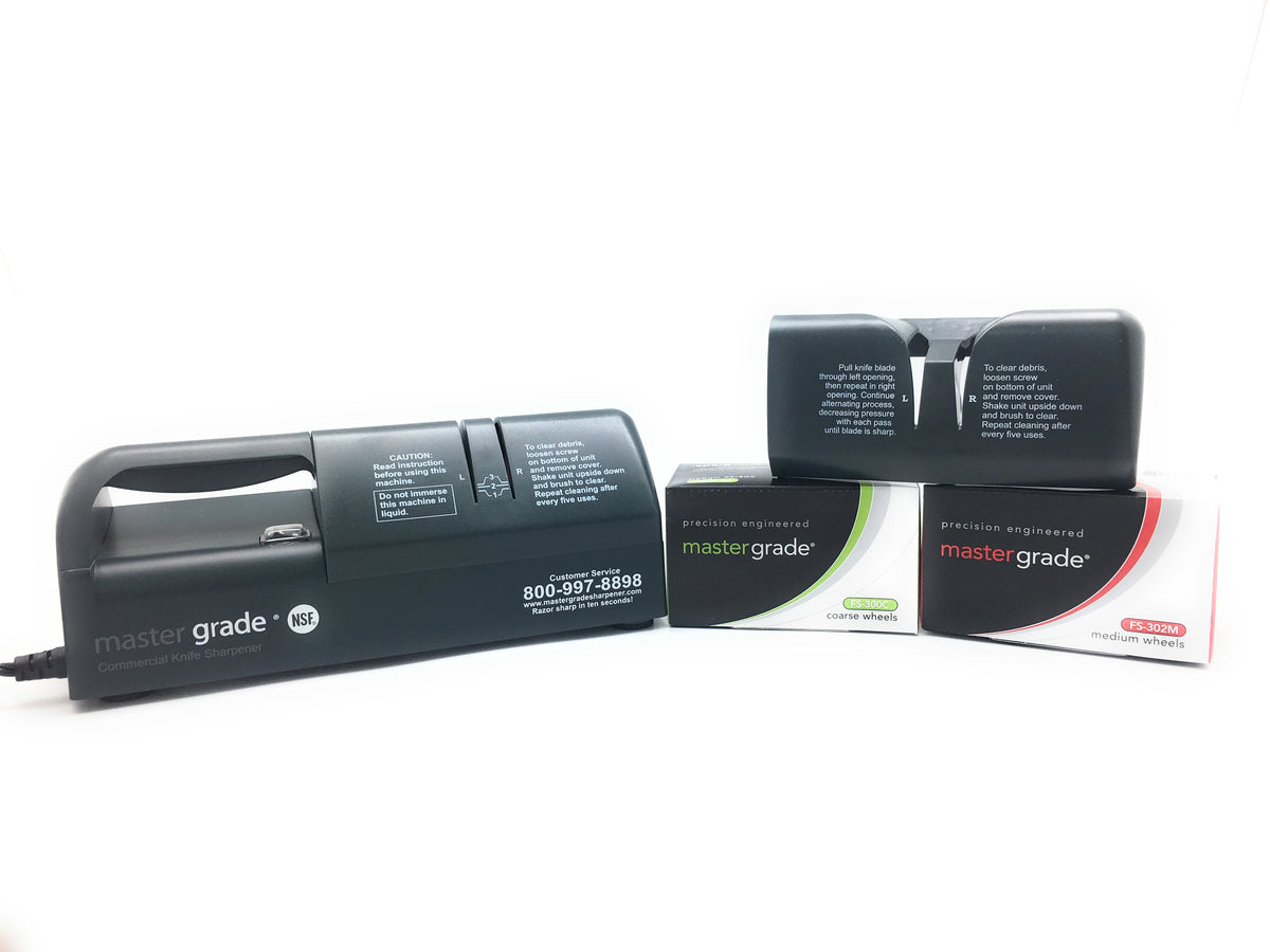 Master Grade MG-5001 set: commercial knife sharpener with wide opening top and coarse and medium sharpening wheels