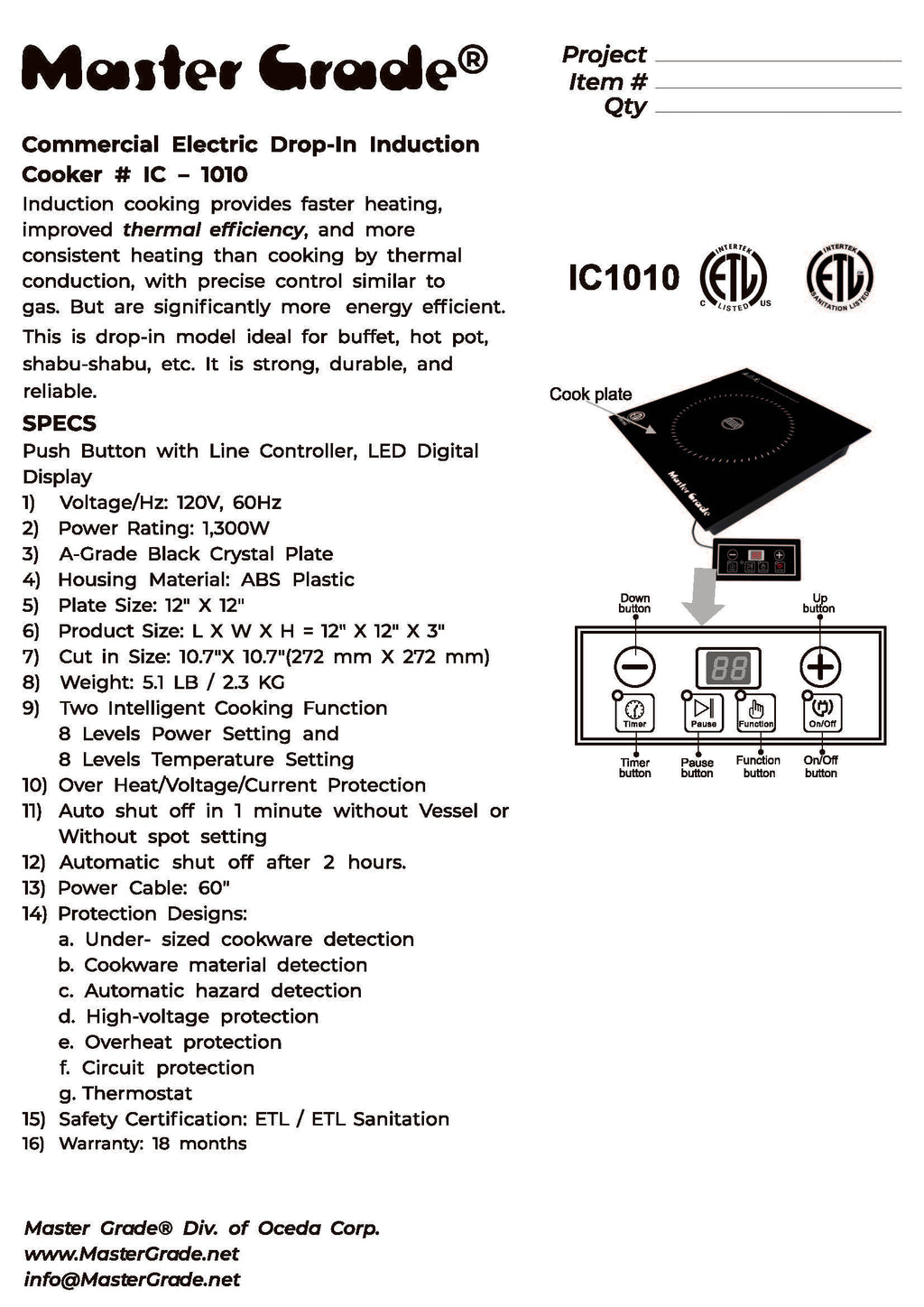 Commercial Induction Cooktop, 120V 1,300W – 10 Power Levels, ETL Sanitation, 11.9" | IC-1010