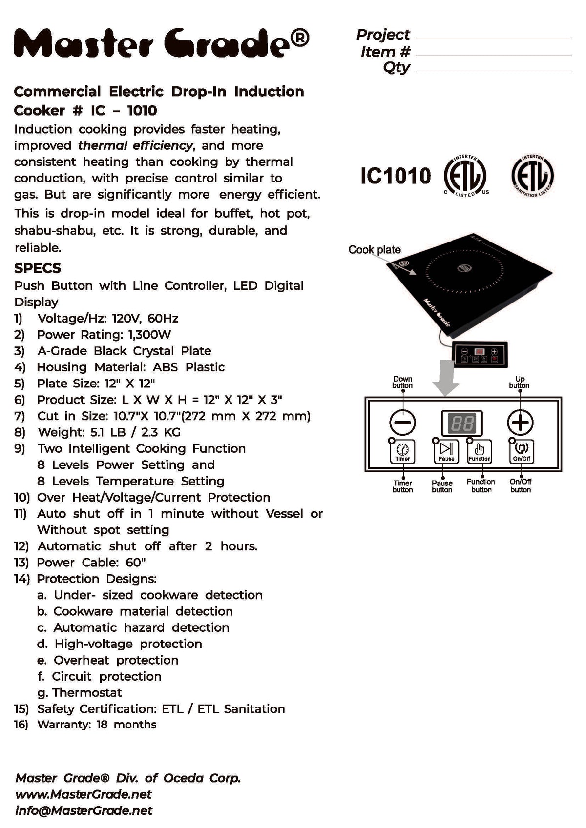 Commercial Induction Cooktop, 120V 1,300W – 10 Power Levels, ETL Sanitation, 11.9" | IC-1010